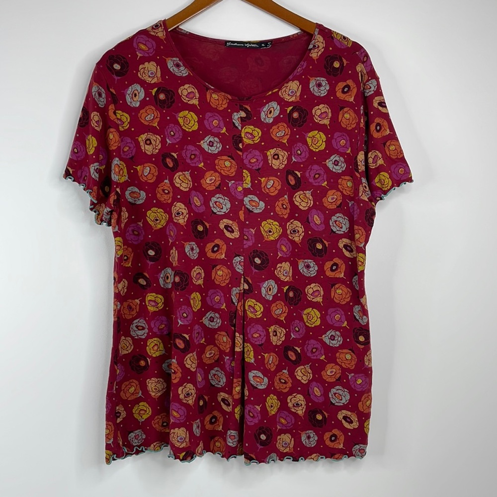 Gudrun Sjoden Womens Floral Print Short Sleeve T-Shirt Lettuce Trim Size XL